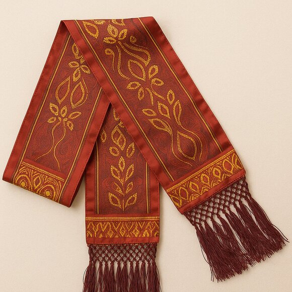 Vintage Echo Silk Tassel Scarf – Rust & Gold Paisley, 80” Bohemian Luxe - Picture 8 of 8